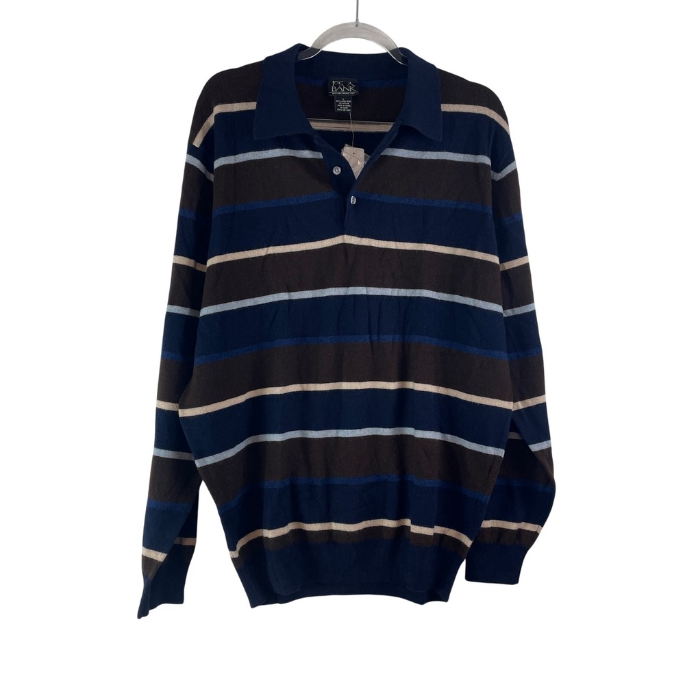 Jos A Bank Polo Sweater Mens Large Navy Blue Brown Striped Lambswool Grandpa New